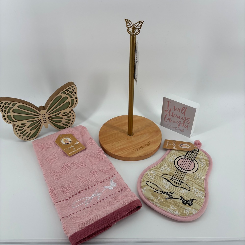 Dolly Parton Kitchen Country Farmhouse Decor Set 5pc Pink Gold Butterfly NWT New